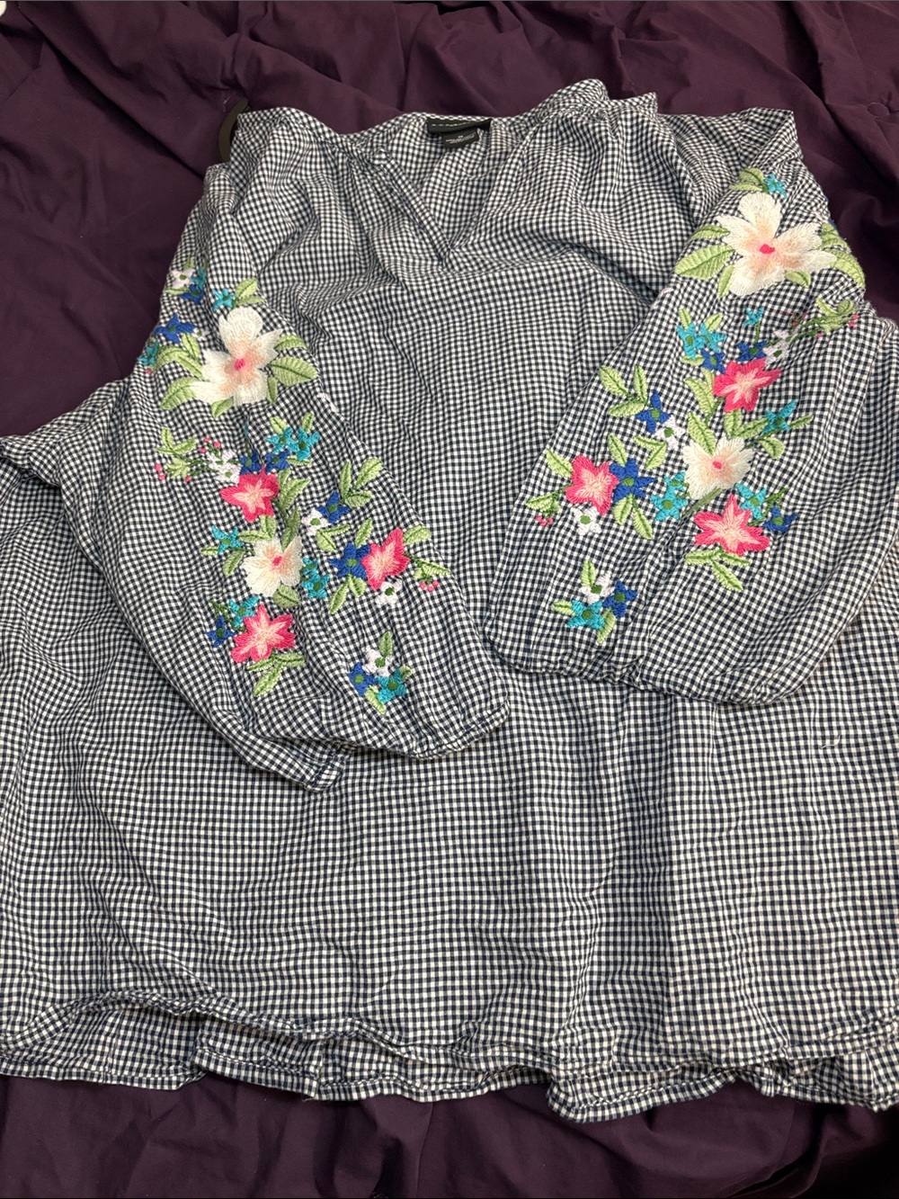 Embroidered Gingham Blouse with Floral Sleeves